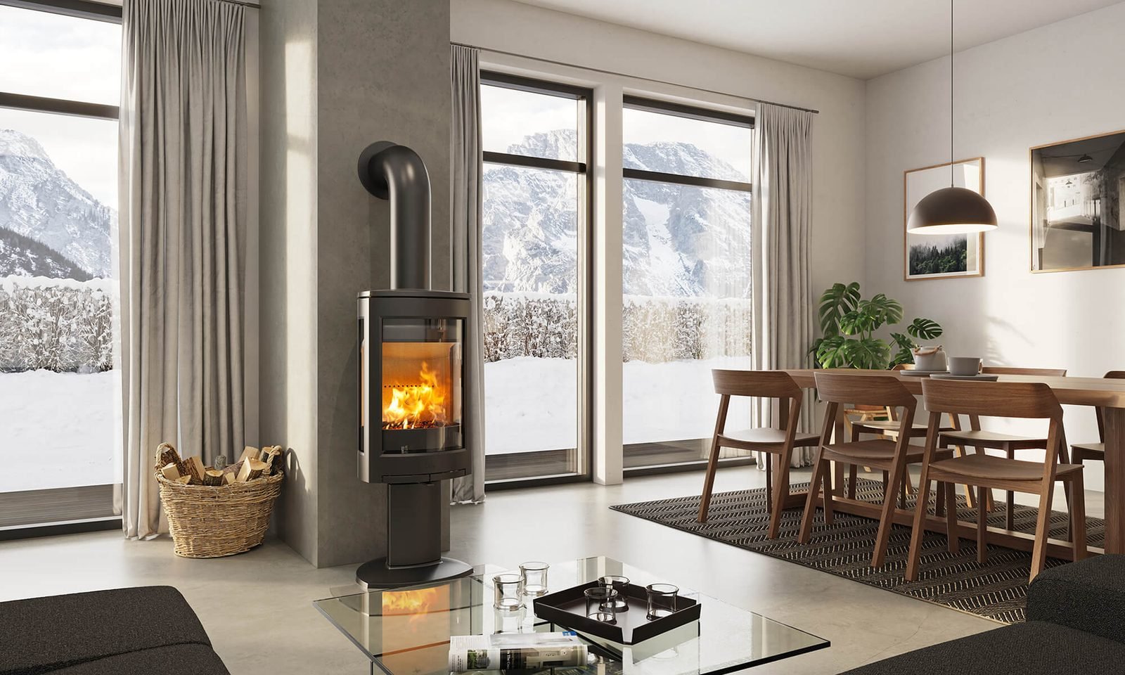 A modern wood burning stove installed in a contemporary living room